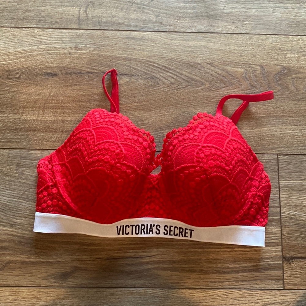 Victoria's Secret Red Lace Bralette with White Logo Band